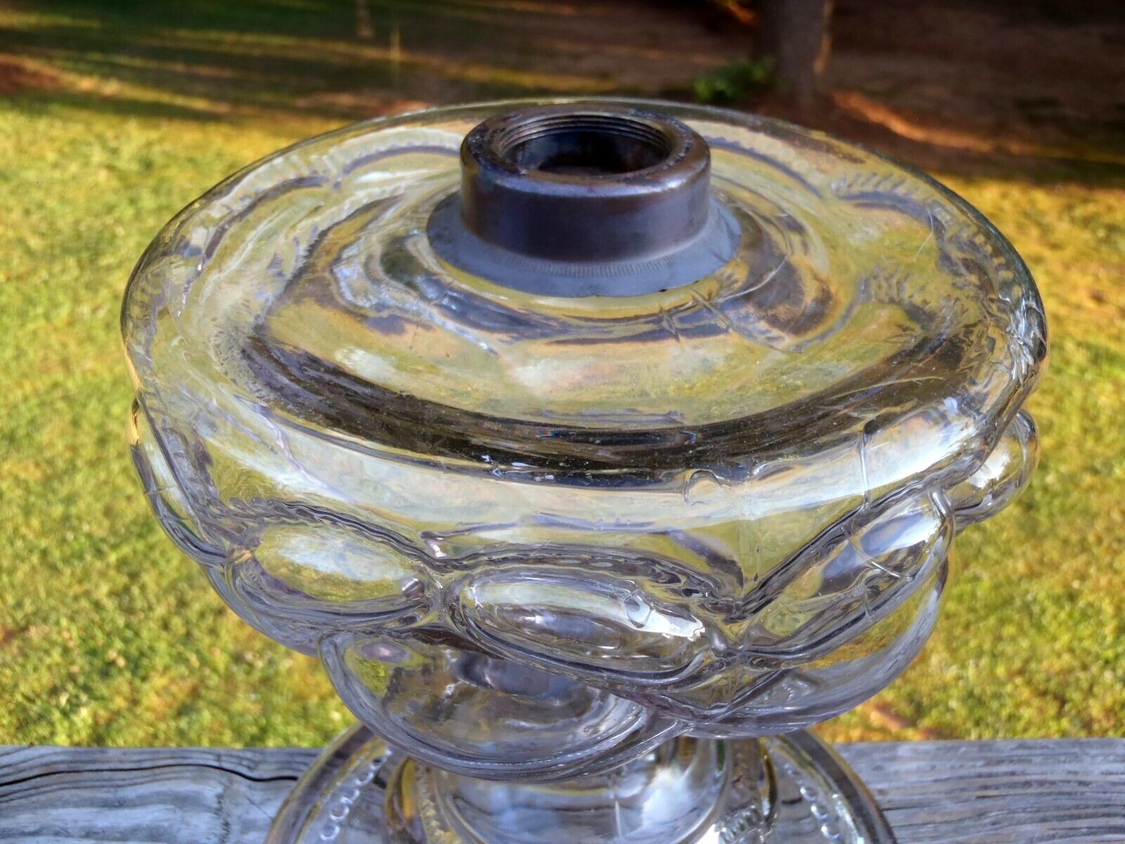 Antique Large PEANUT Pattern Glass Massive Sewing OIL LAMP W/Burner & Globe NR