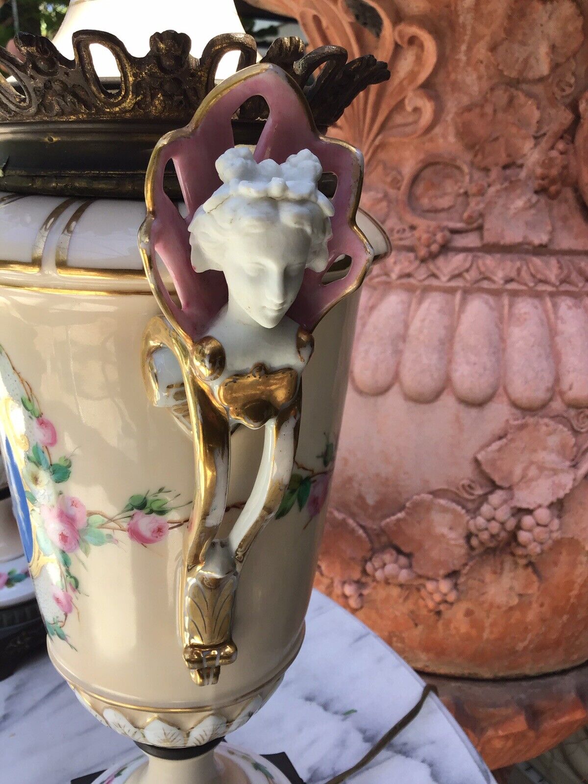 Pr. Antique 1800s Old Paris Porcelain French Hand Painted oil lamps now electric