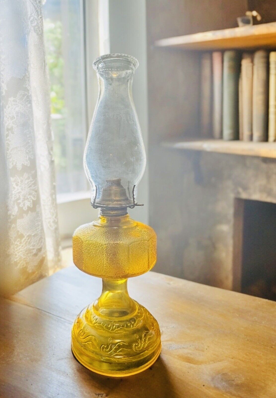 Eagle Etching Amber Yellow Glass Kerosene 18 L” Tall Early 1900’s Ready To Use