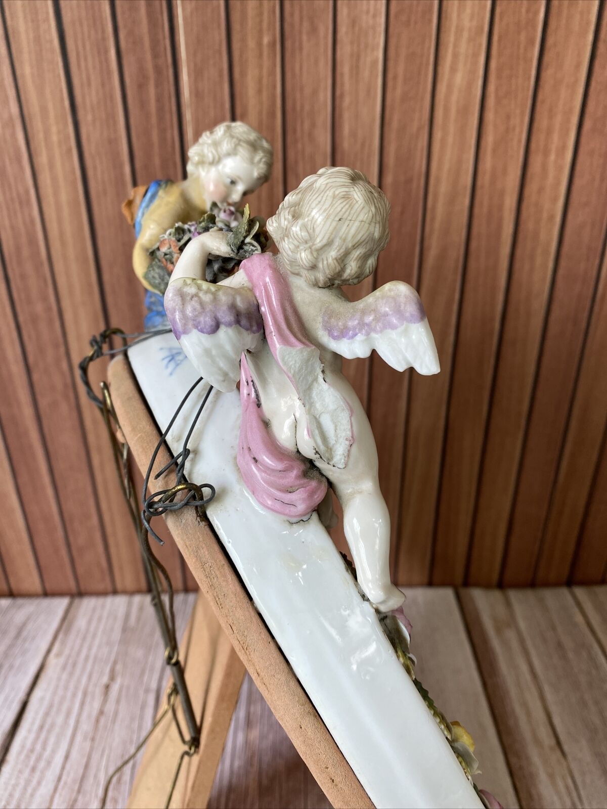 Antique 1700s Hand Painted Meissen Porcelain Cherub Figural Flowers Mirror