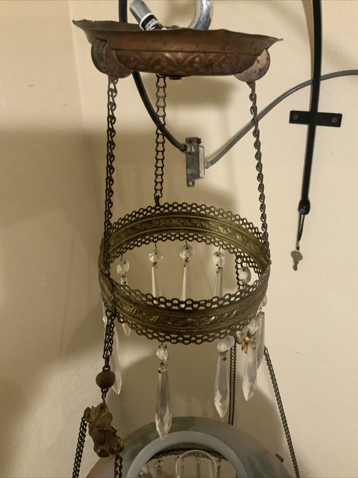 Antique Victorian Hanging Oil Parlor Library Lamp Reverse Hand Painted Shade