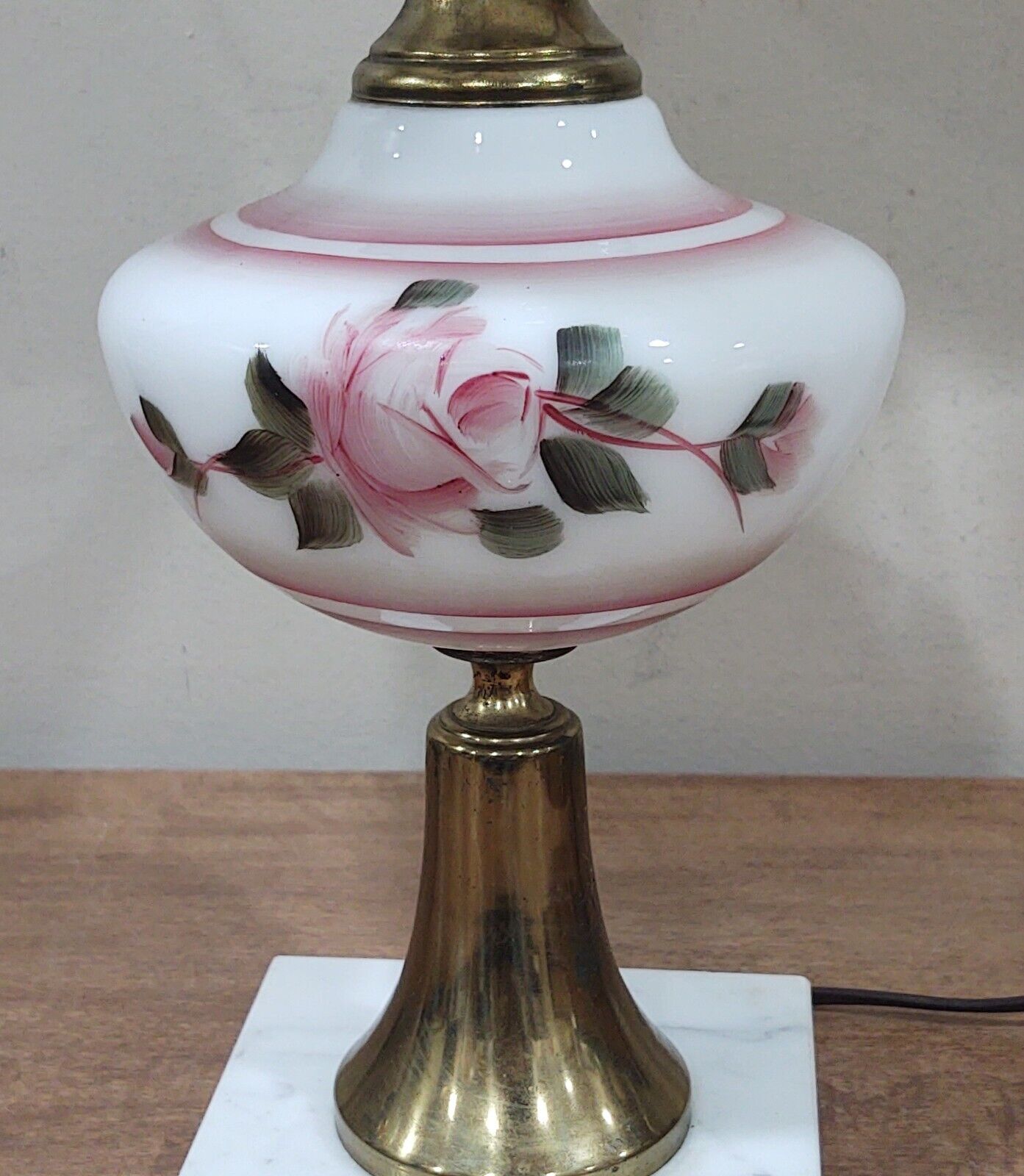 Victorian Parlor Lamp Hand Painted Pink Roses ~23"  Marble Brass GWTW Hurricane