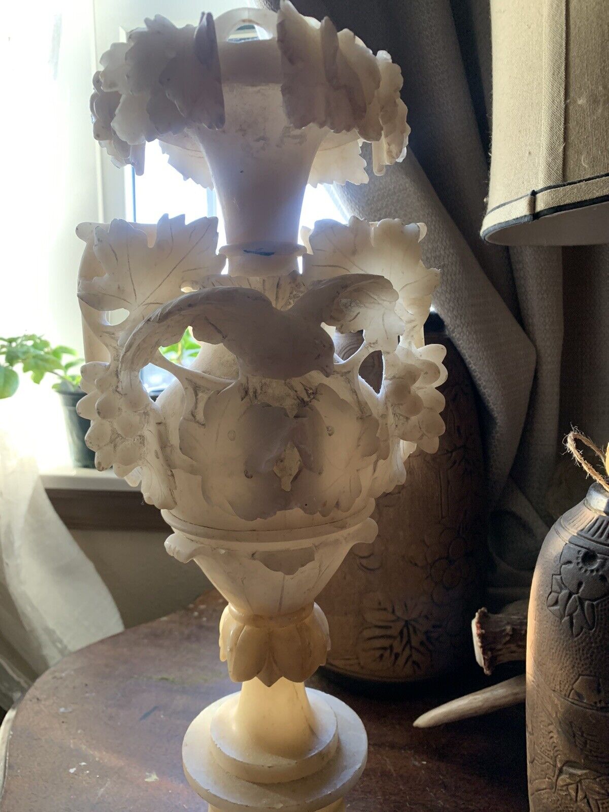 late 1800’s ALABASTER PEDISTAL Italian Hand-carved Grape Vine/Dove Motif  -LAMP
