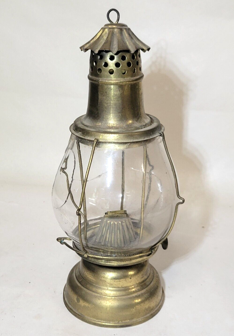 1870s HB&H Skaters Lantern Antique Brass Oil Lamp Holmes Booth & Haydens, as-is