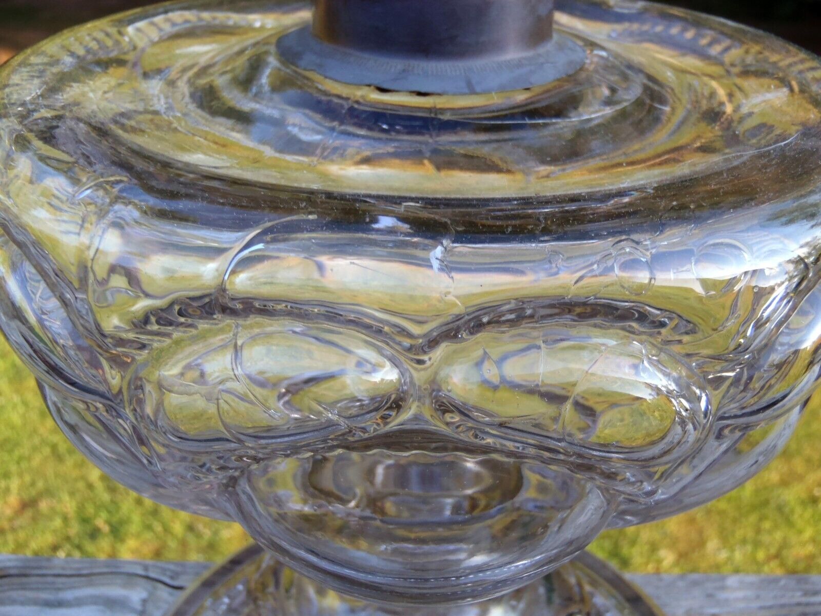 Antique Large PEANUT Pattern Glass Massive Sewing OIL LAMP W/Burner & Globe NR