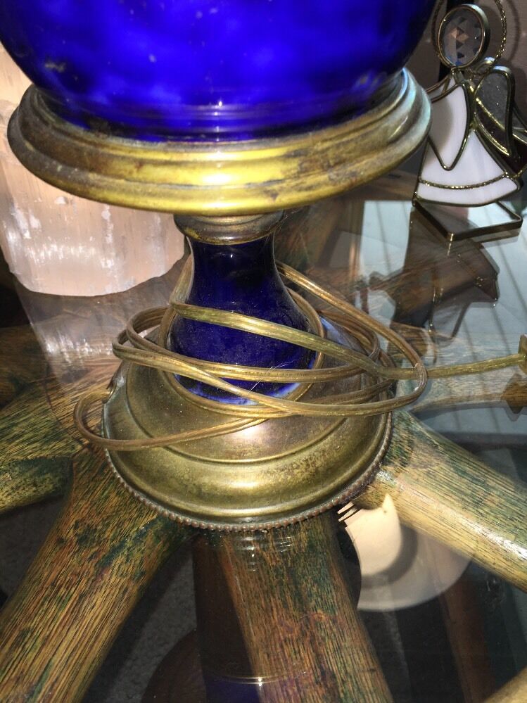 Antique Colonial Coral Blue O/Bronze  Electrified Whale Oil Prestige 1800's Lamp