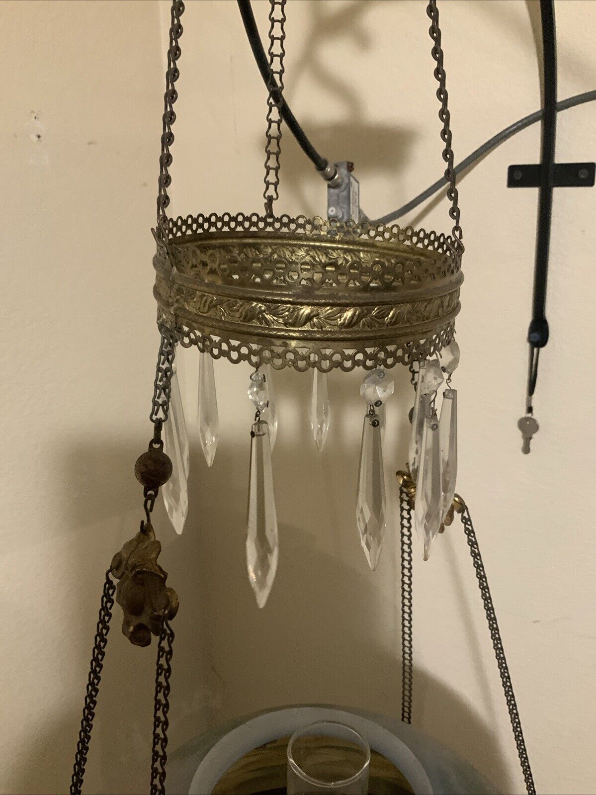 Antique Victorian Hanging Oil Parlor Library Lamp Reverse Hand Painted Shade