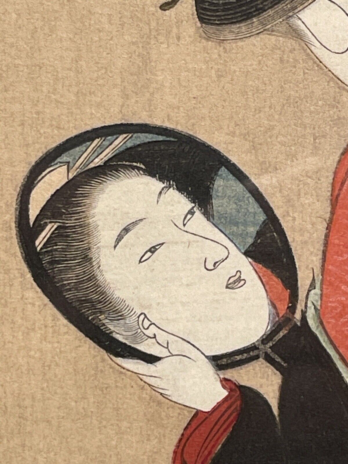 Rare Antique Woodblock Ukiyo-e Japanese Beauty Woman in Kimono Holding Mirror