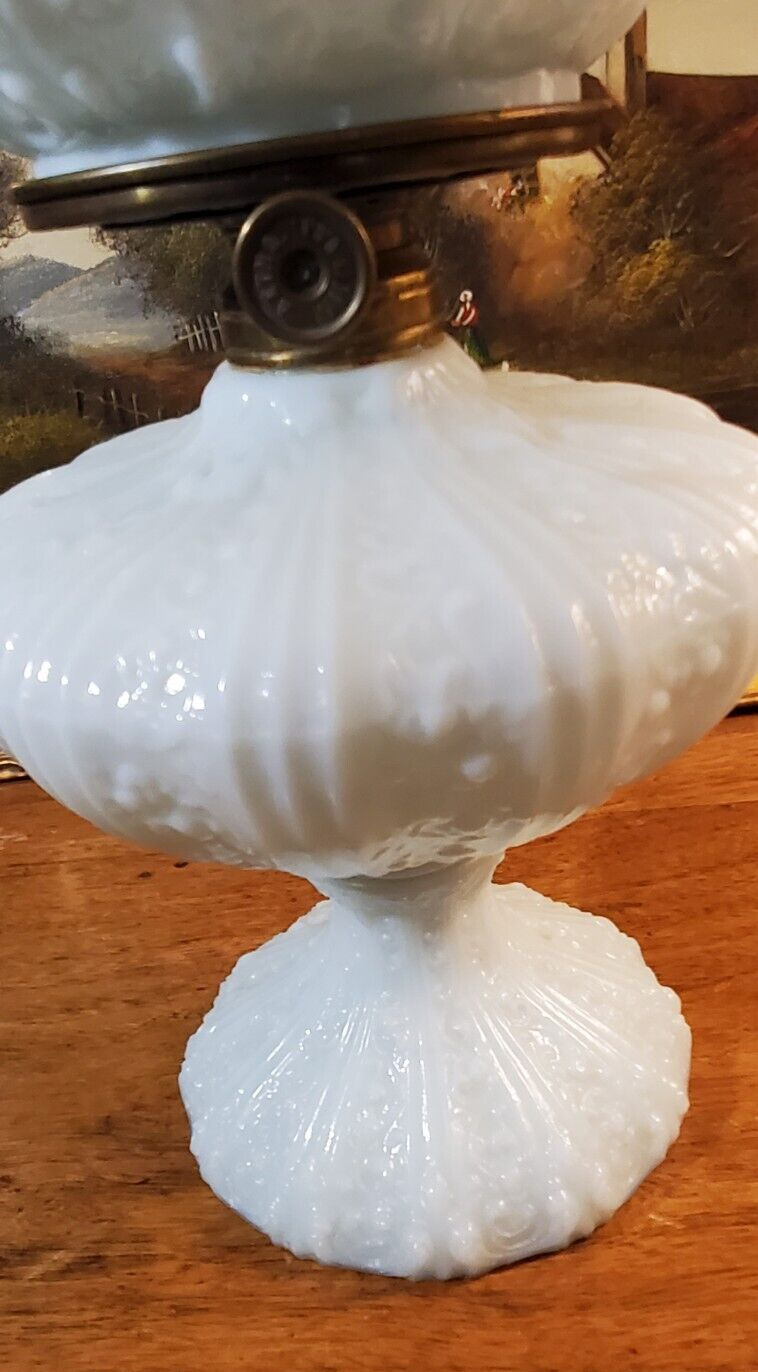 Antique Fenton Cabbage Rose Pale Blue GWTW Oil Lamp Aetna Burner