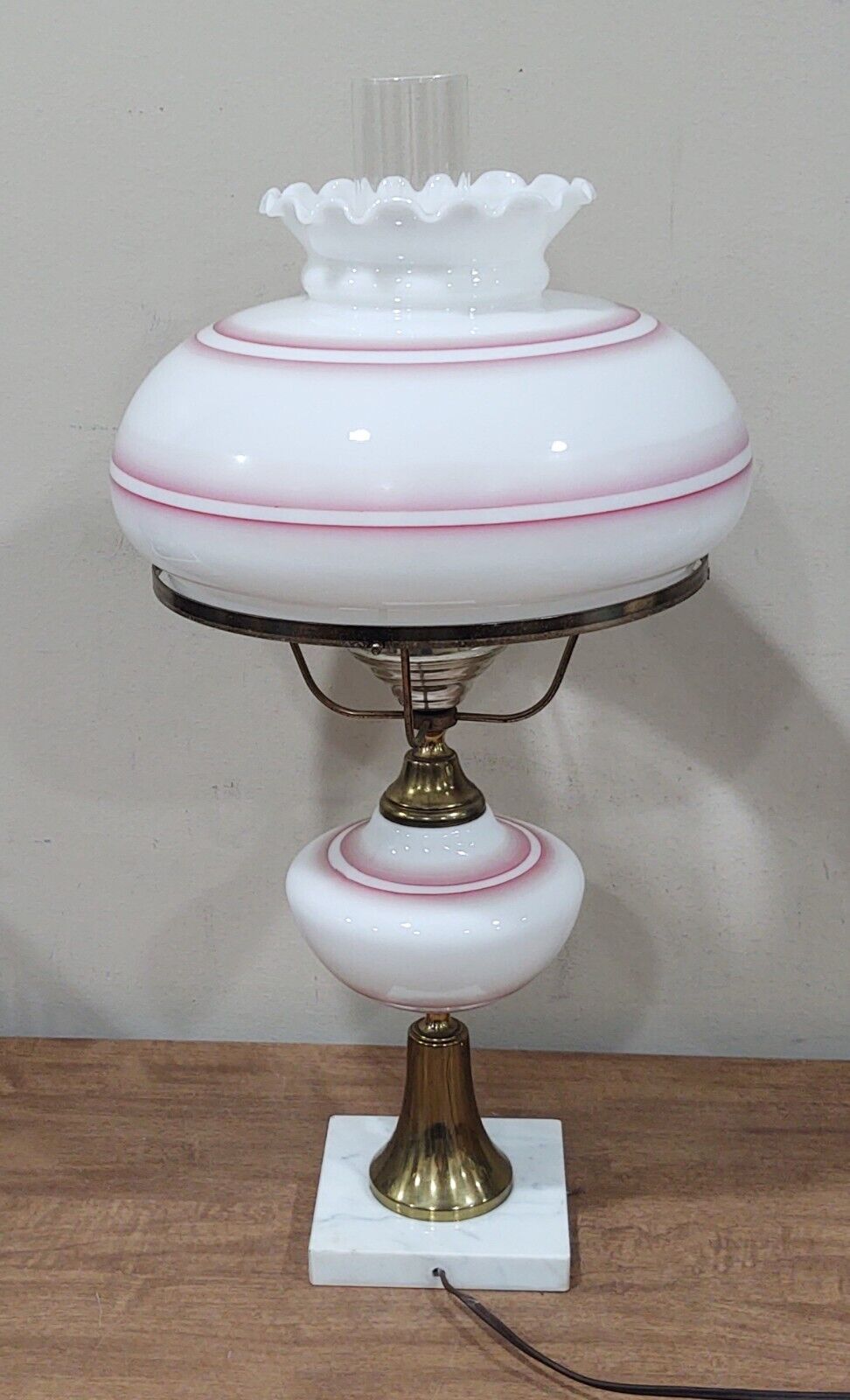 Victorian Parlor Lamp Hand Painted Pink Roses ~23"  Marble Brass GWTW Hurricane