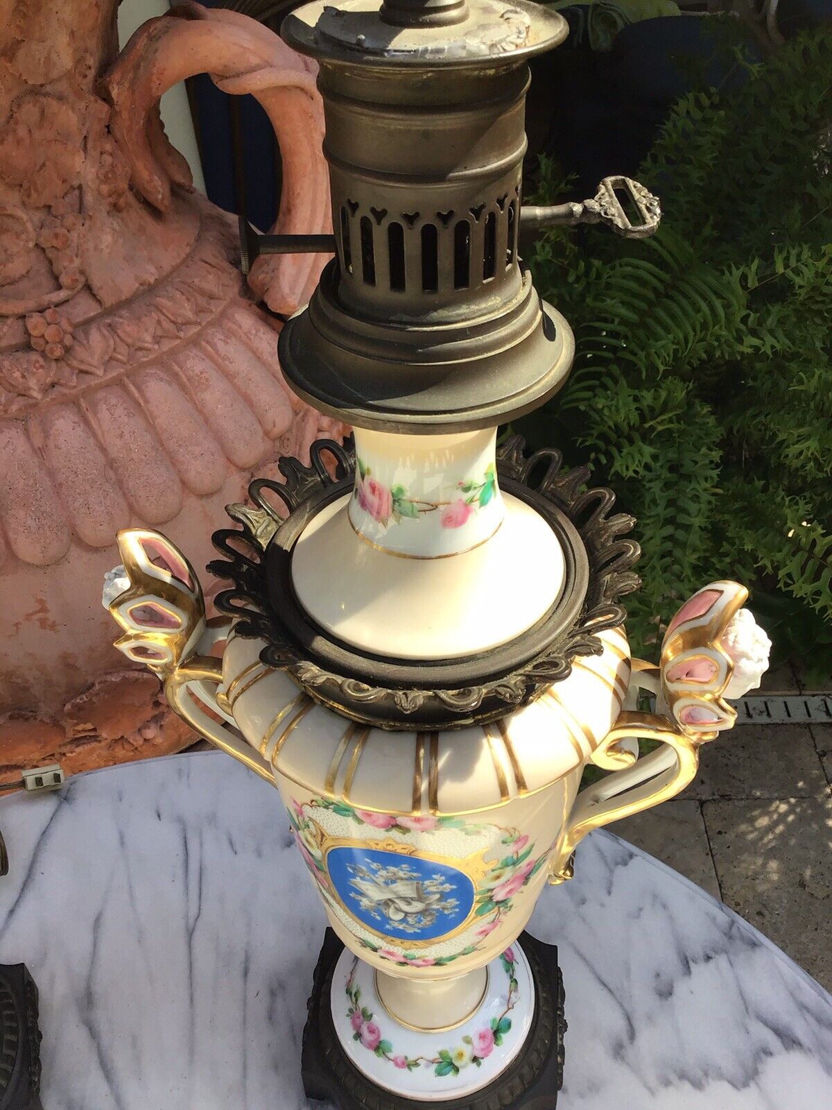 Pr. Antique 1800s Old Paris Porcelain French Hand Painted oil lamps now electric