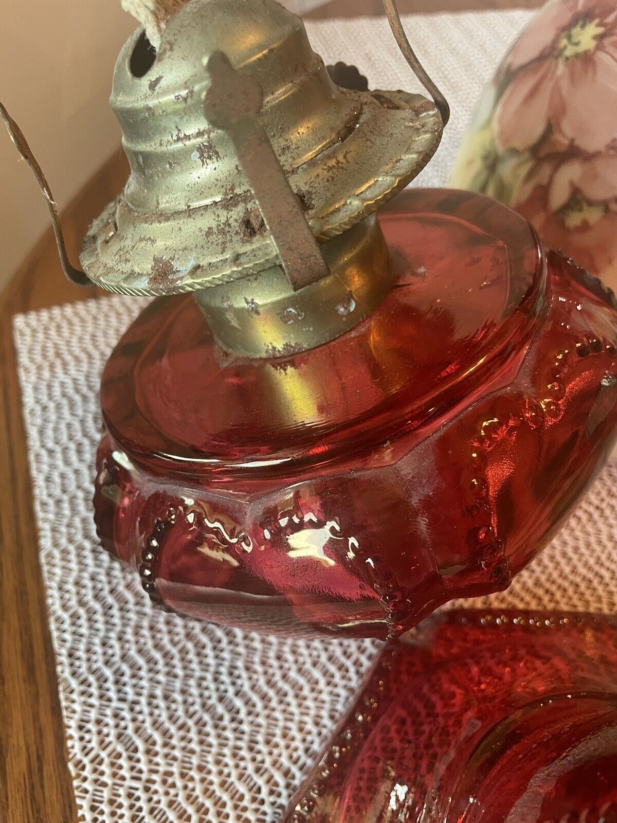 Vintage Gone With The Wind Style Hurricane Lamp Floral Table Lamp/Red Glass!