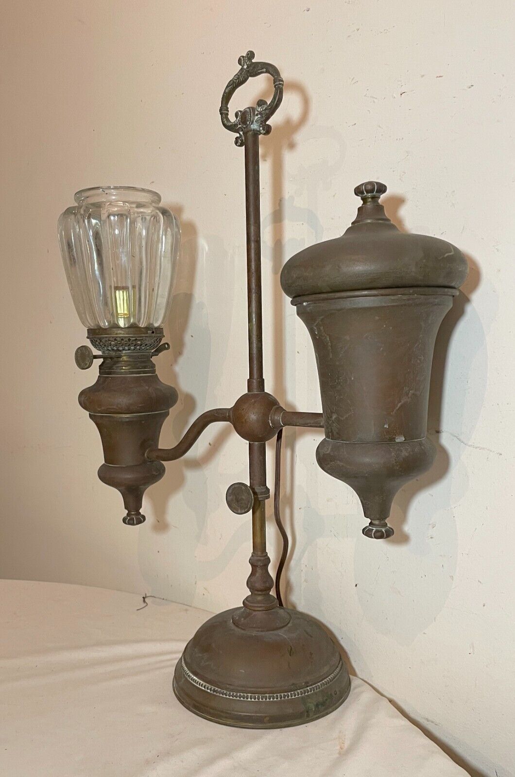 Antique 1800's Manhattan brass co. large ornate electrified oil student lamp