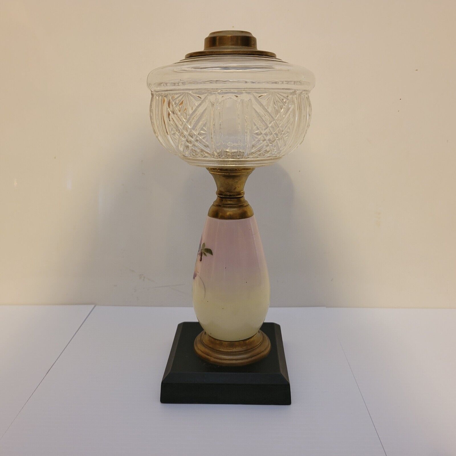 Antique Edward Miller & Co. Composite Oil Lamp Early 1900s Floral Wood Base 23"