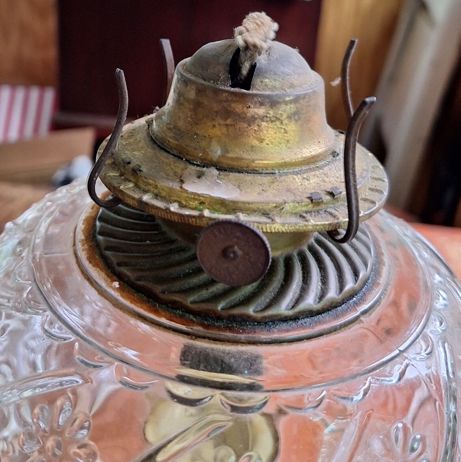 Antique Oil Lamp with hand painted Base, Patterned Glass Oil Font