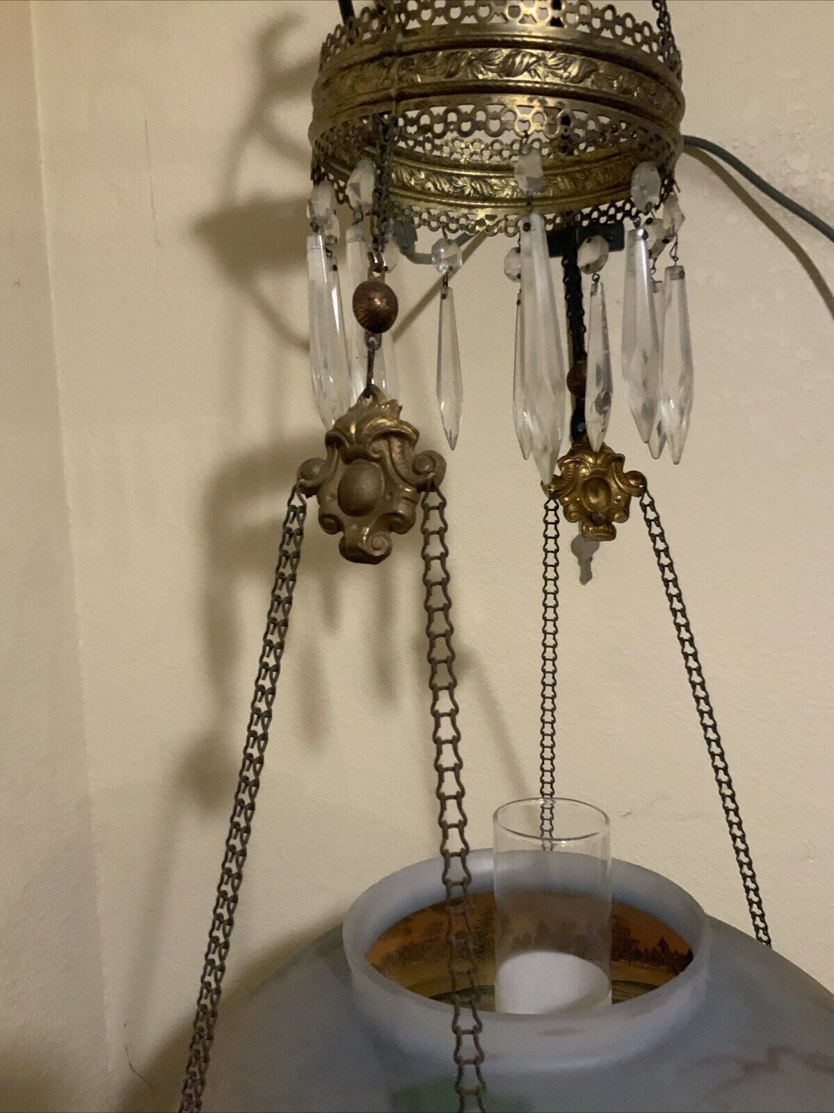 Antique Victorian Hanging Oil Parlor Library Lamp Reverse Hand Painted Shade