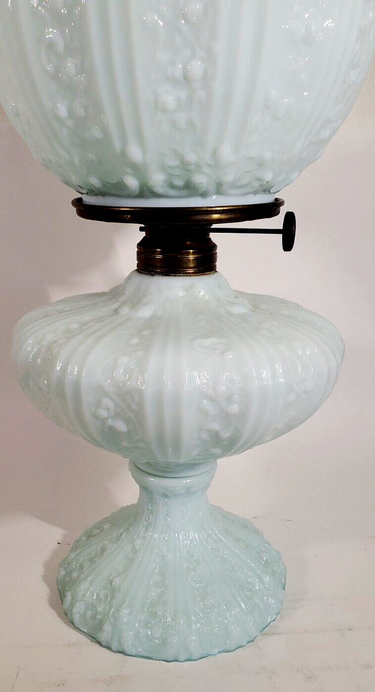 Antique Fenton Cabbage Rose Pale Blue GWTW Oil Lamp Aetna Burner