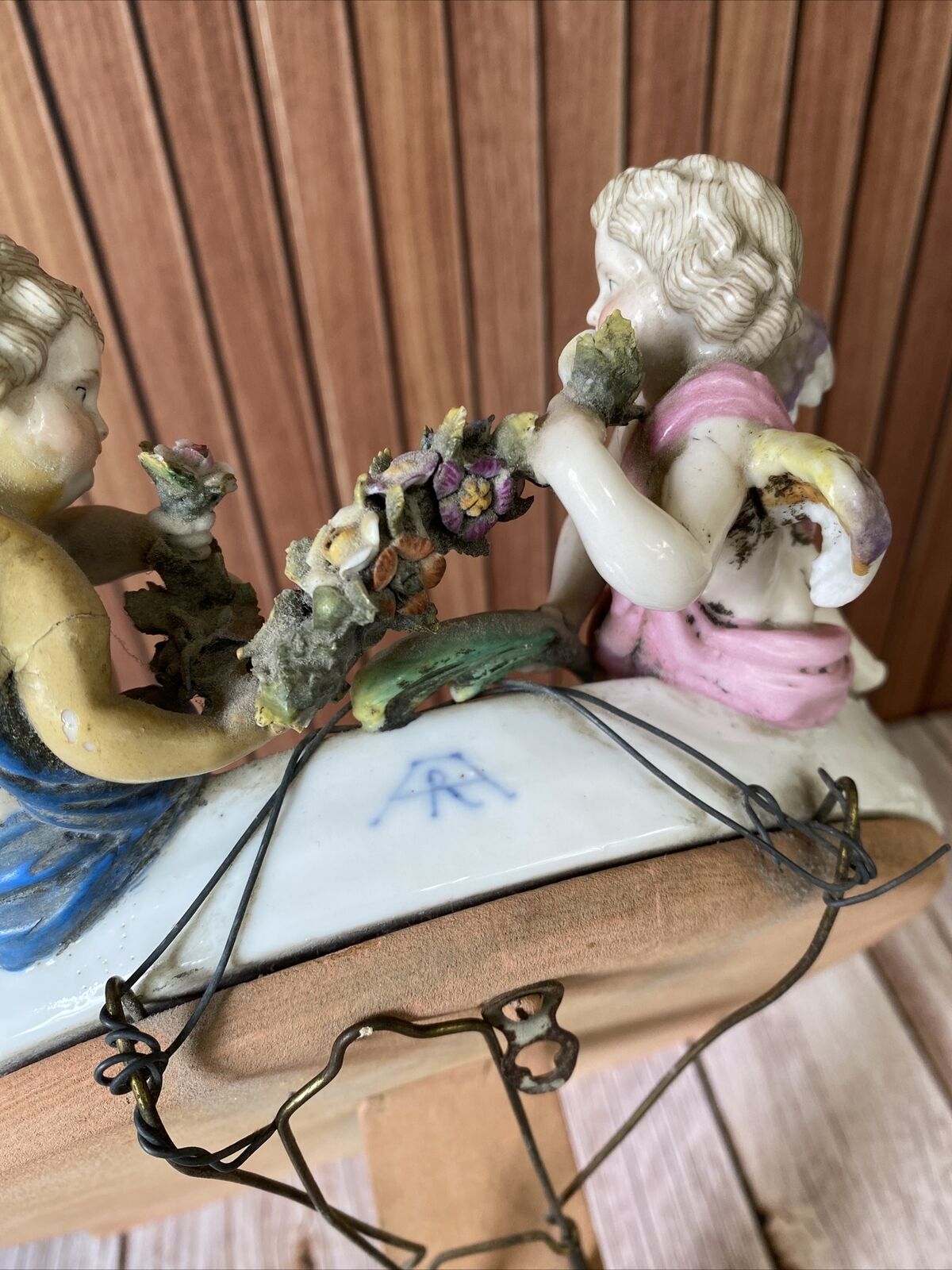 Antique 1700s Hand Painted Meissen Porcelain Cherub Figural Flowers Mirror
