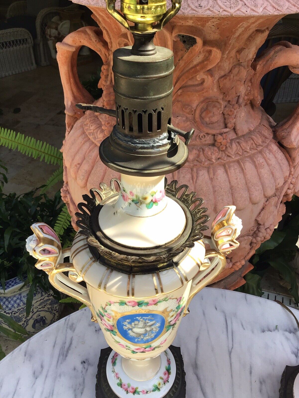 Pr. Antique 1800s Old Paris Porcelain French Hand Painted oil lamps now electric