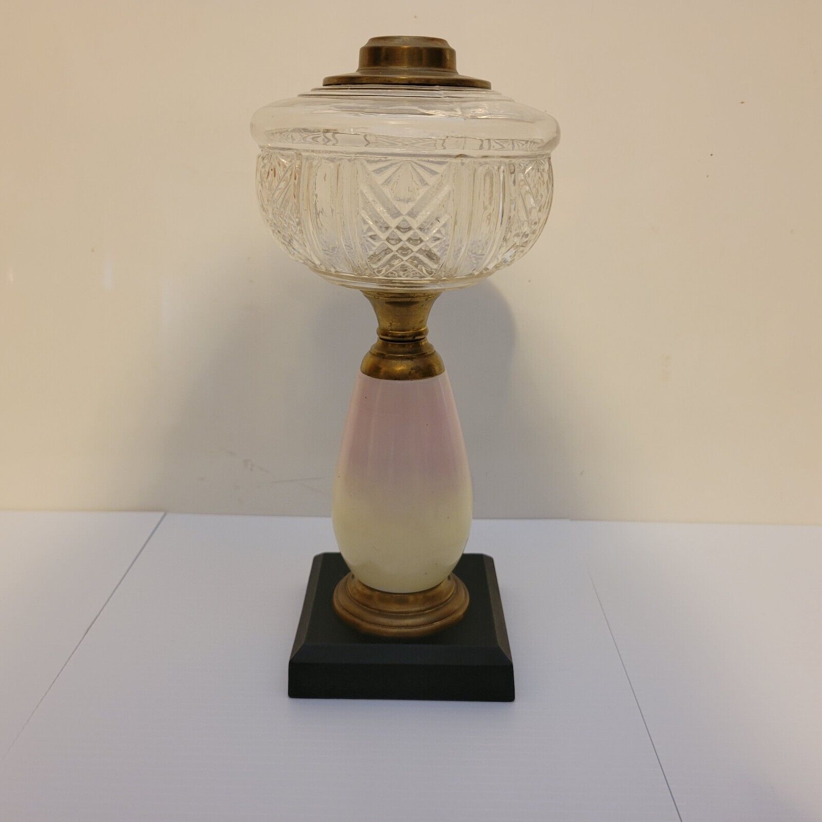 Antique Edward Miller & Co. Composite Oil Lamp Early 1900s Floral Wood Base 23"