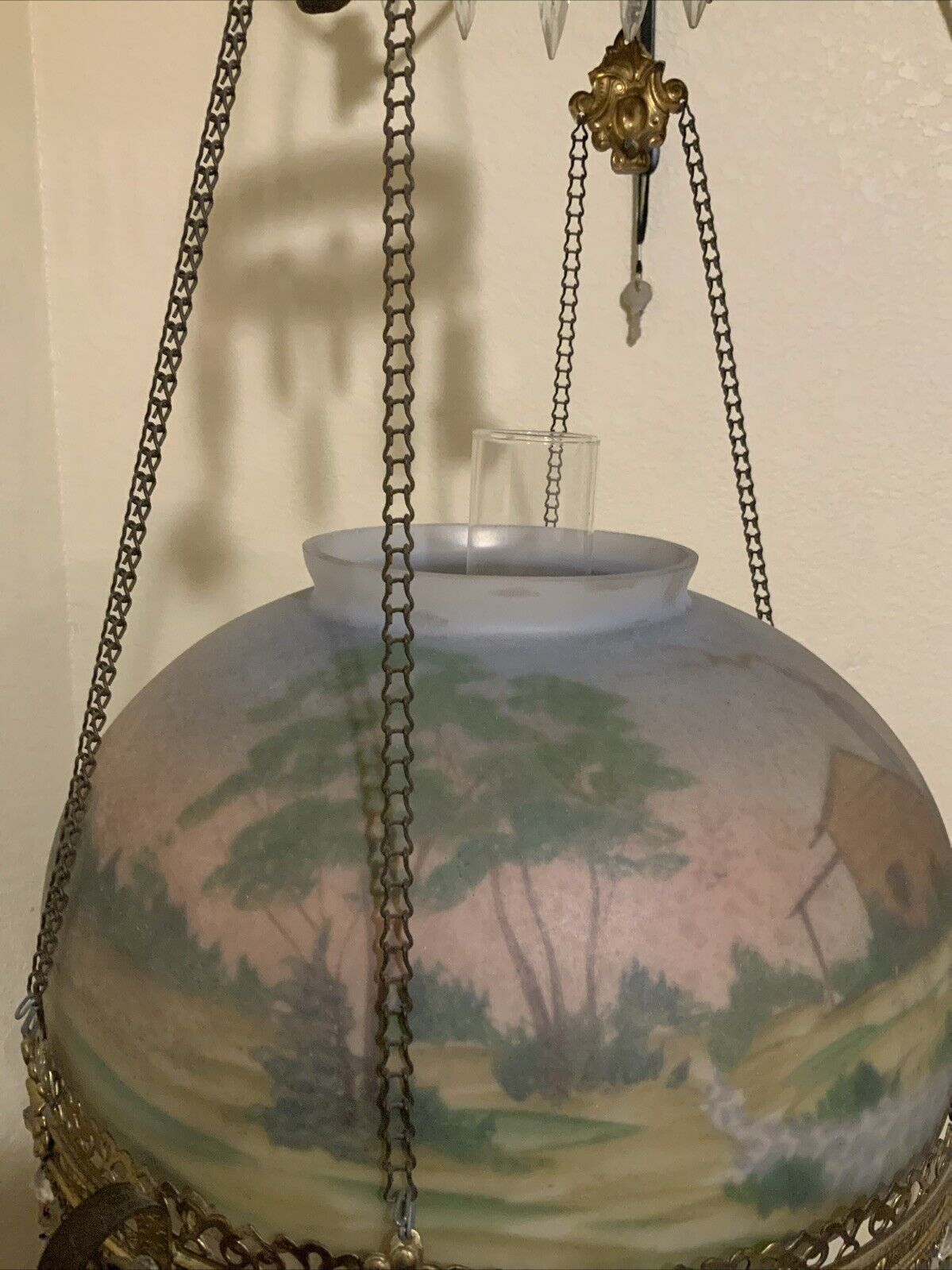 Antique Victorian Hanging Oil Parlor Library Lamp Reverse Hand Painted Shade
