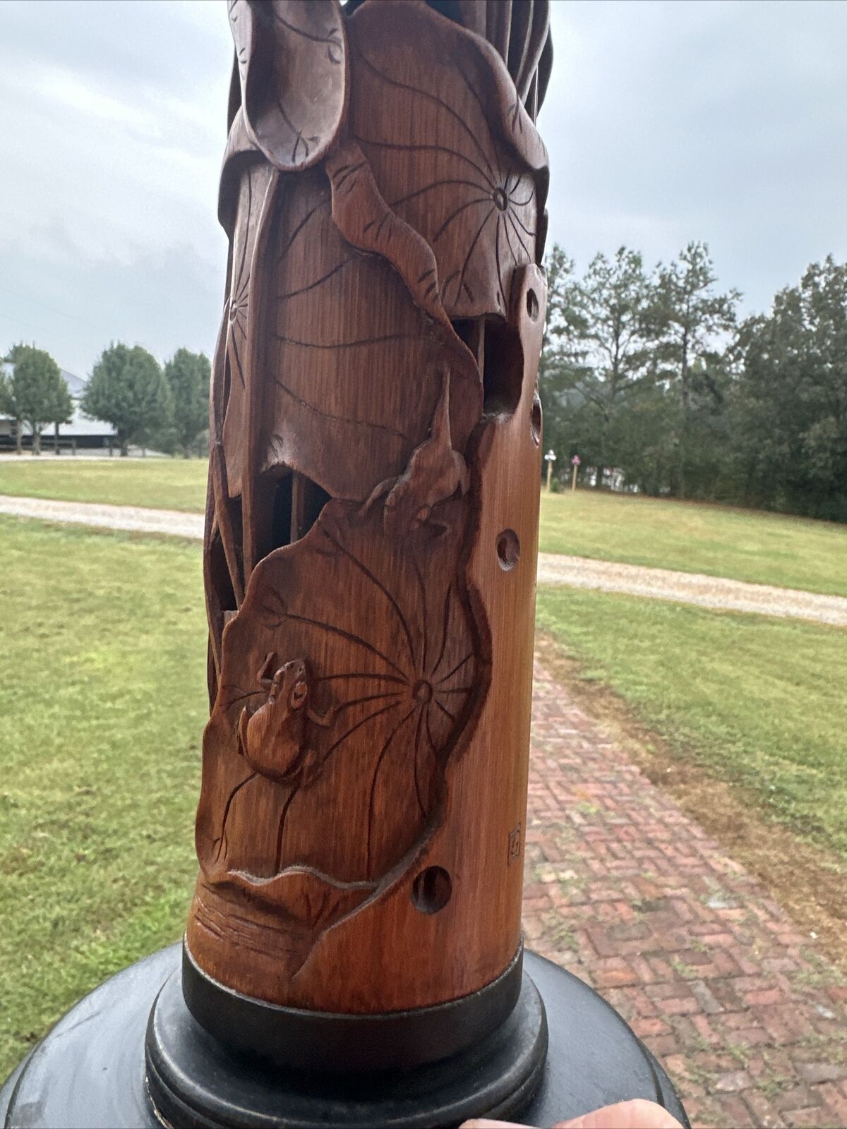 1900s Antique Chinese Incense Hand Carved bamboo Lotus Frog Asian Lamp Old HTF