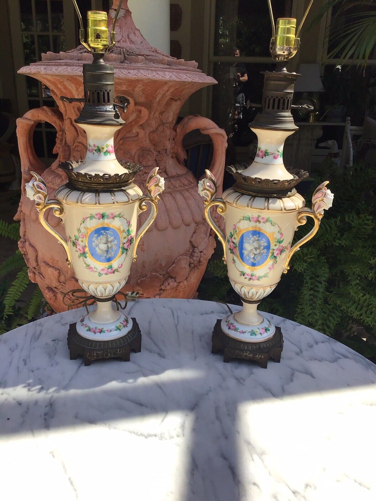 Pr. Antique 1800s Old Paris Porcelain French Hand Painted oil lamps now electric