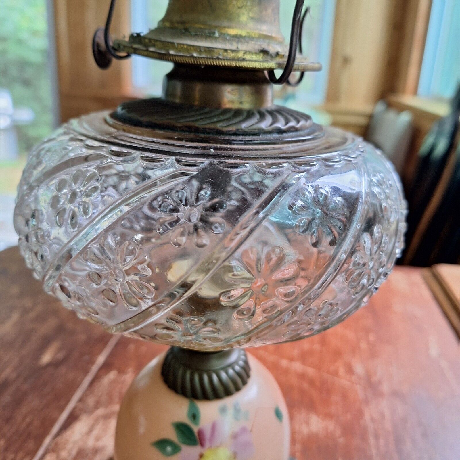 Antique Oil Lamp with hand painted Base, Patterned Glass Oil Font