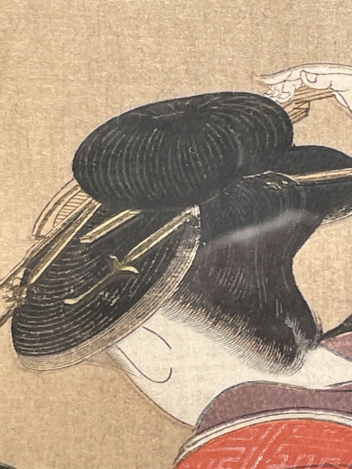 Rare Antique Woodblock Ukiyo-e Japanese Beauty Woman in Kimono Holding Mirror