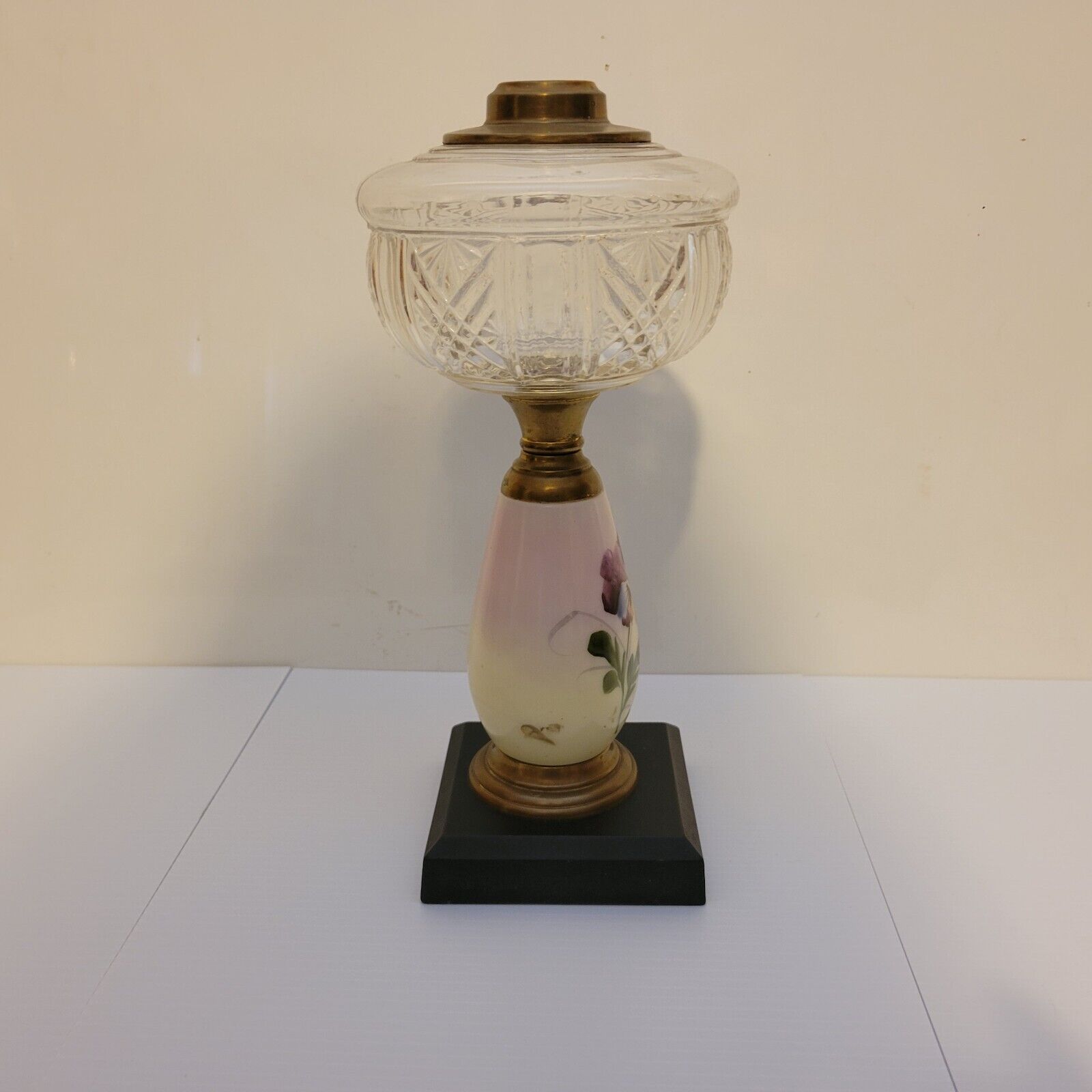 Antique Edward Miller & Co. Composite Oil Lamp Early 1900s Floral Wood Base 23"