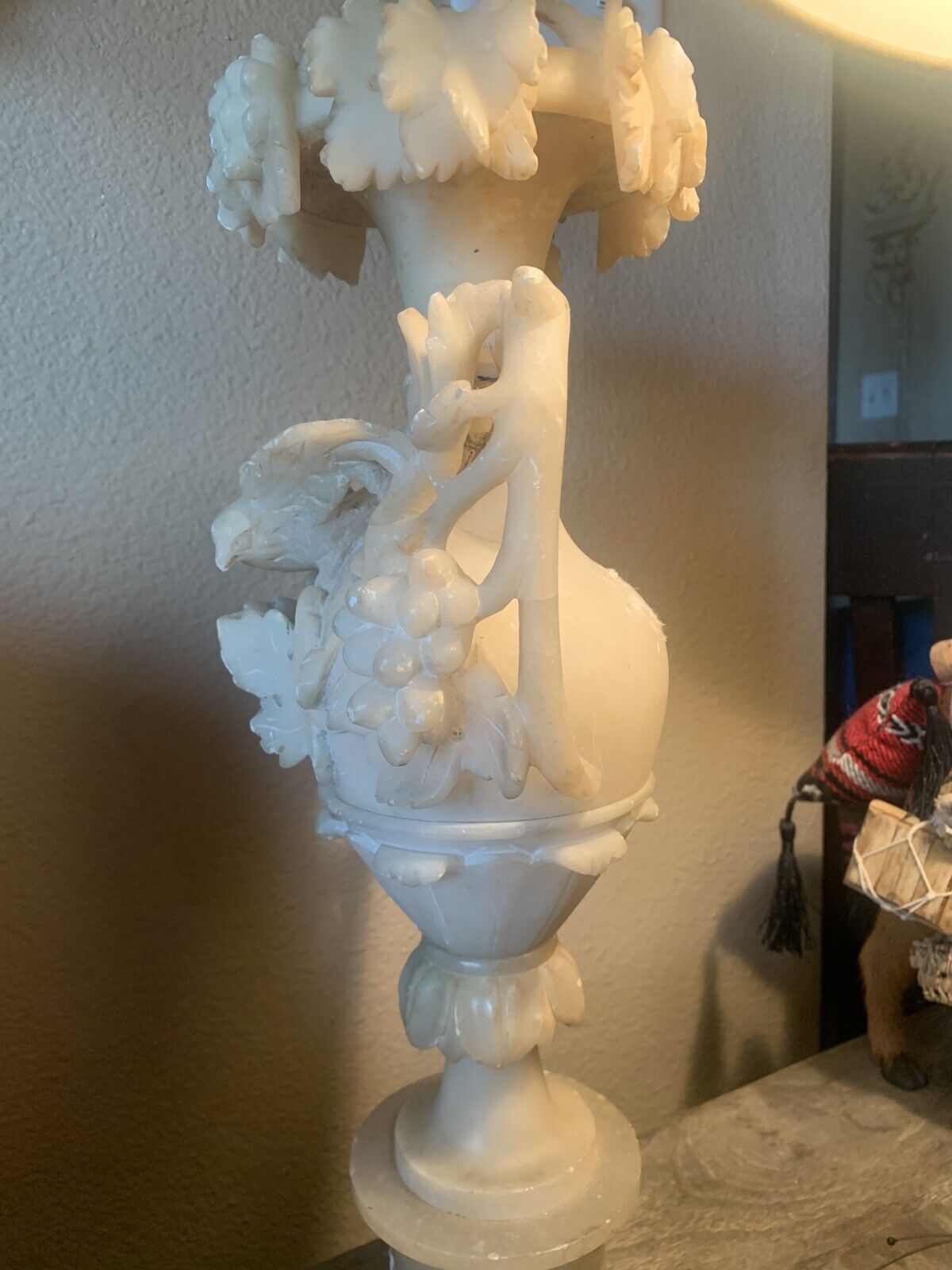 late 1800’s ALABASTER PEDISTAL Italian Hand-carved Grape Vine/Dove Motif  -LAMP