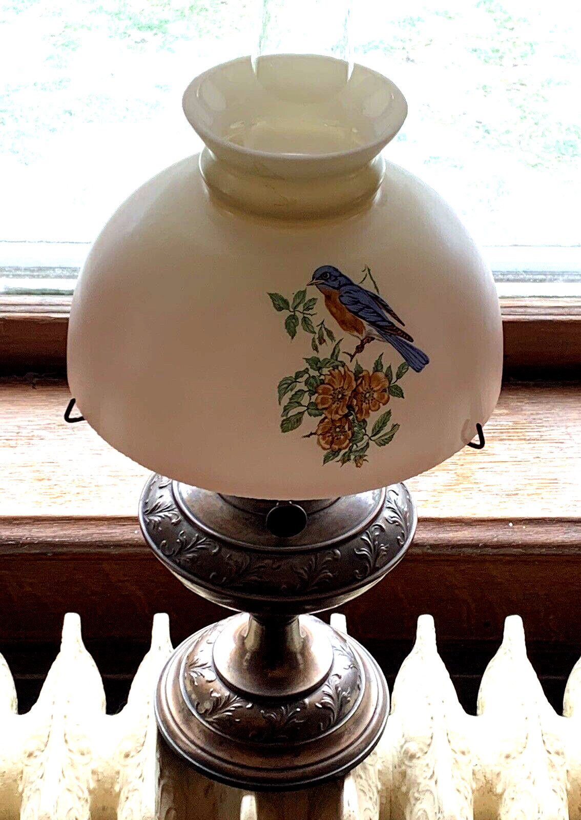 VINTAGE RARE 1800s LIBERTY 23" BRITISH COPPER OIL LAMP W/ BLUE BIRD SHADE (SH)
