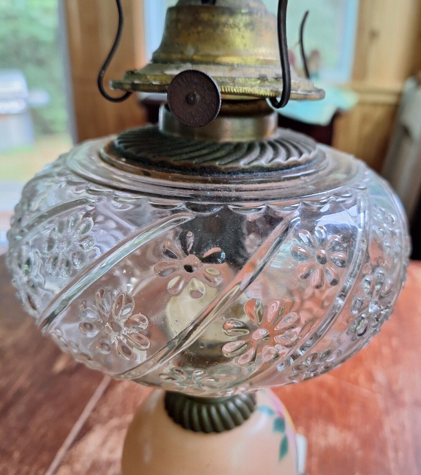 Antique Oil Lamp with hand painted Base, Patterned Glass Oil Font