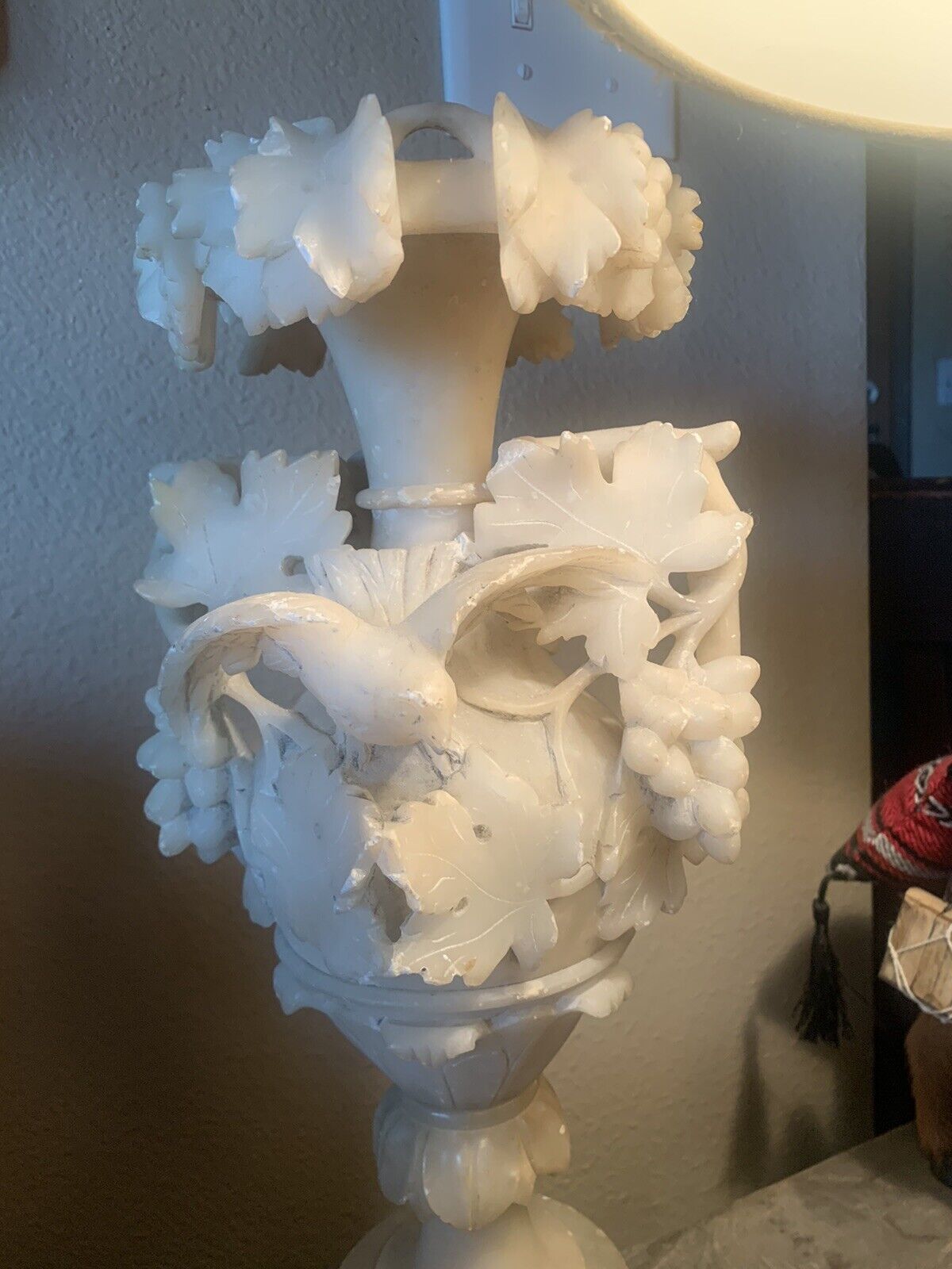 late 1800’s ALABASTER PEDISTAL Italian Hand-carved Grape Vine/Dove Motif  -LAMP