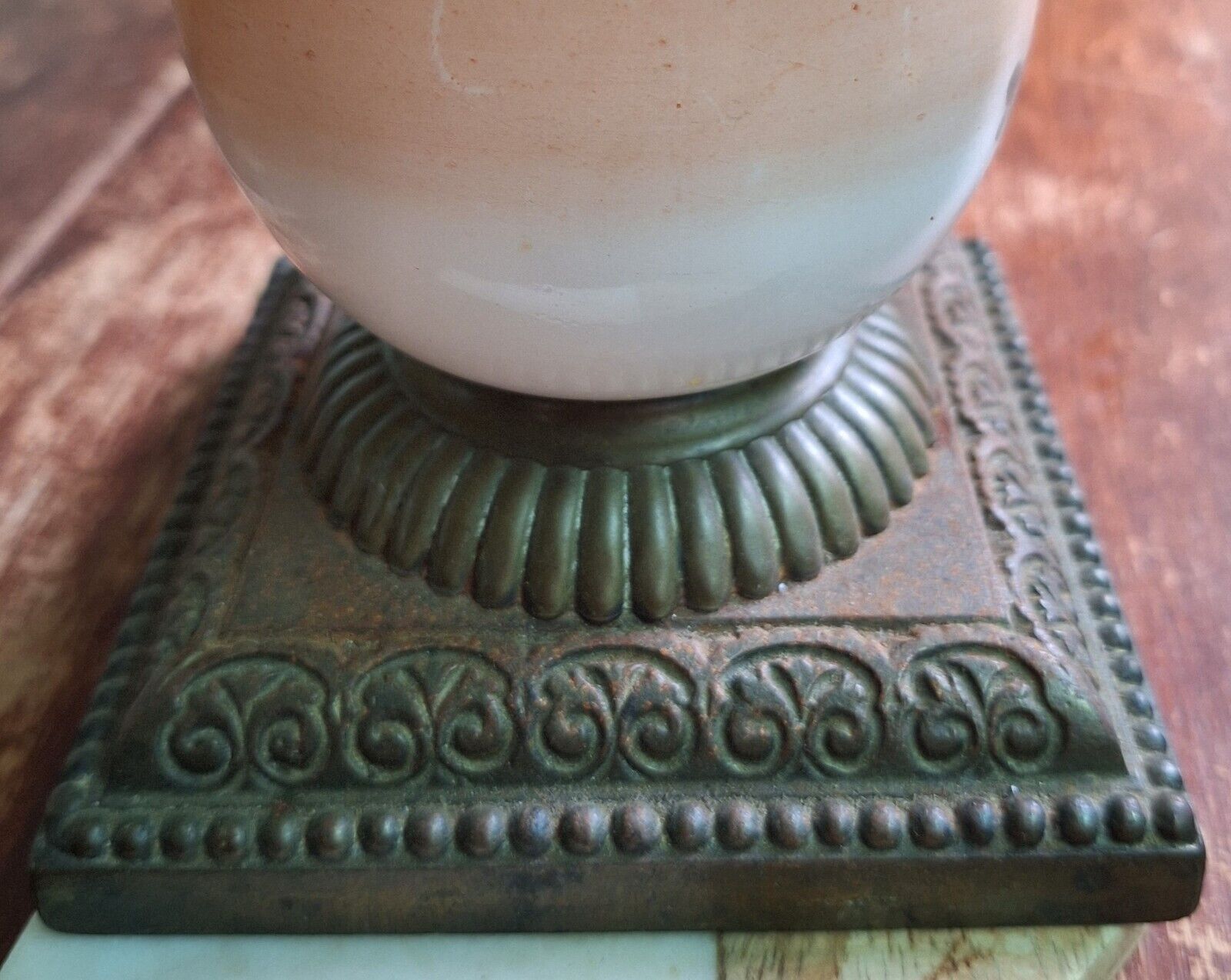 Antique Oil Lamp with hand painted Base, Patterned Glass Oil Font