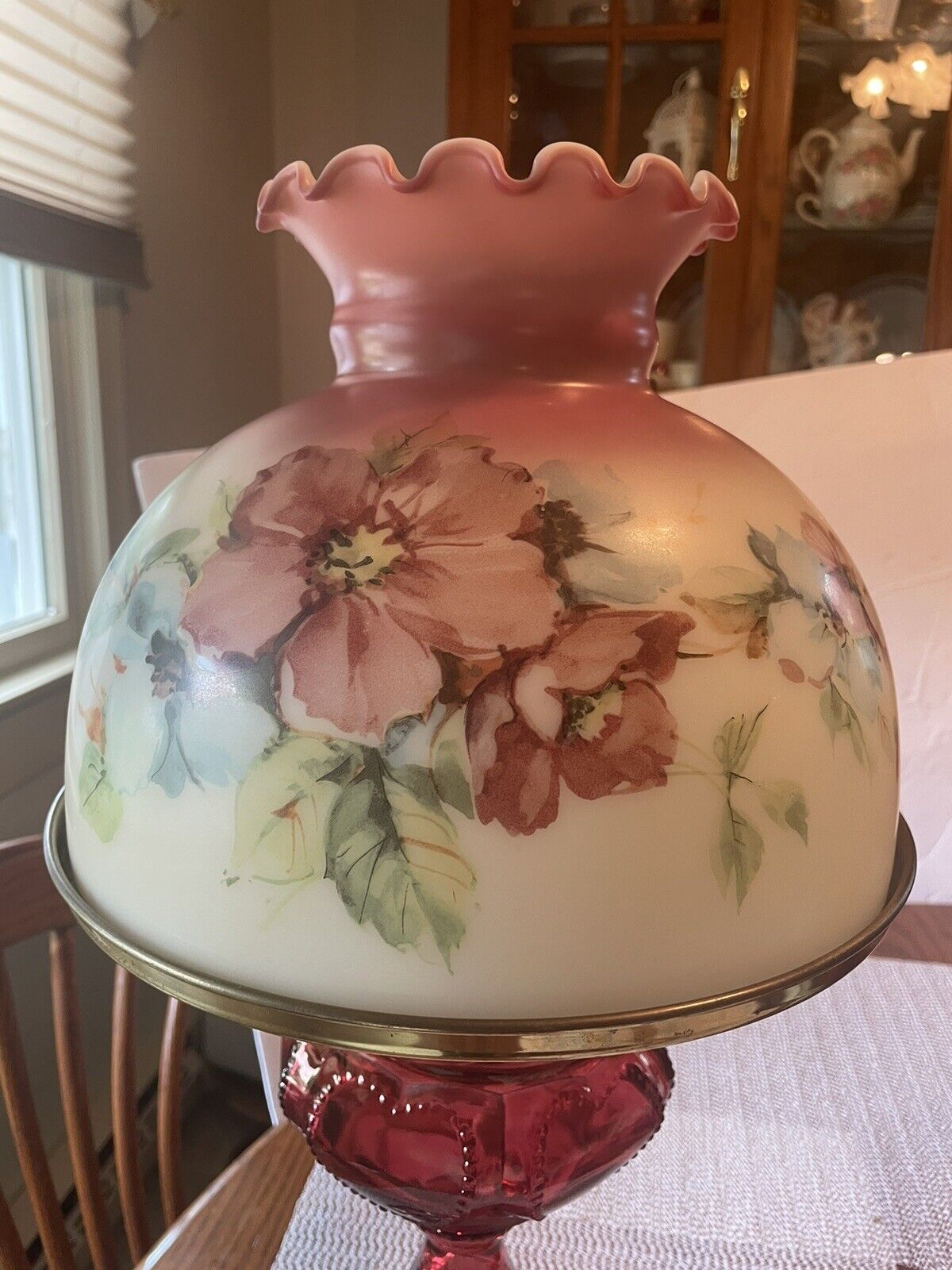 Vintage Gone With The Wind Style Hurricane Lamp Floral Table Lamp/Red Glass!