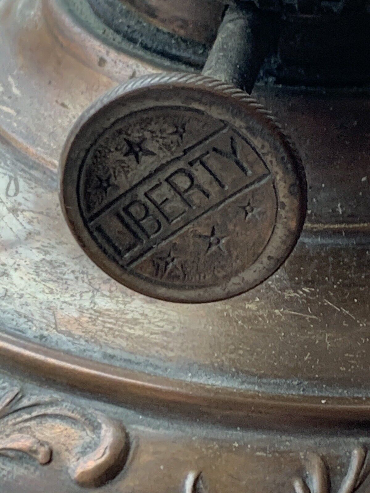 VINTAGE RARE 1800s LIBERTY 23" BRITISH COPPER OIL LAMP W/ BLUE BIRD SHADE (SH)