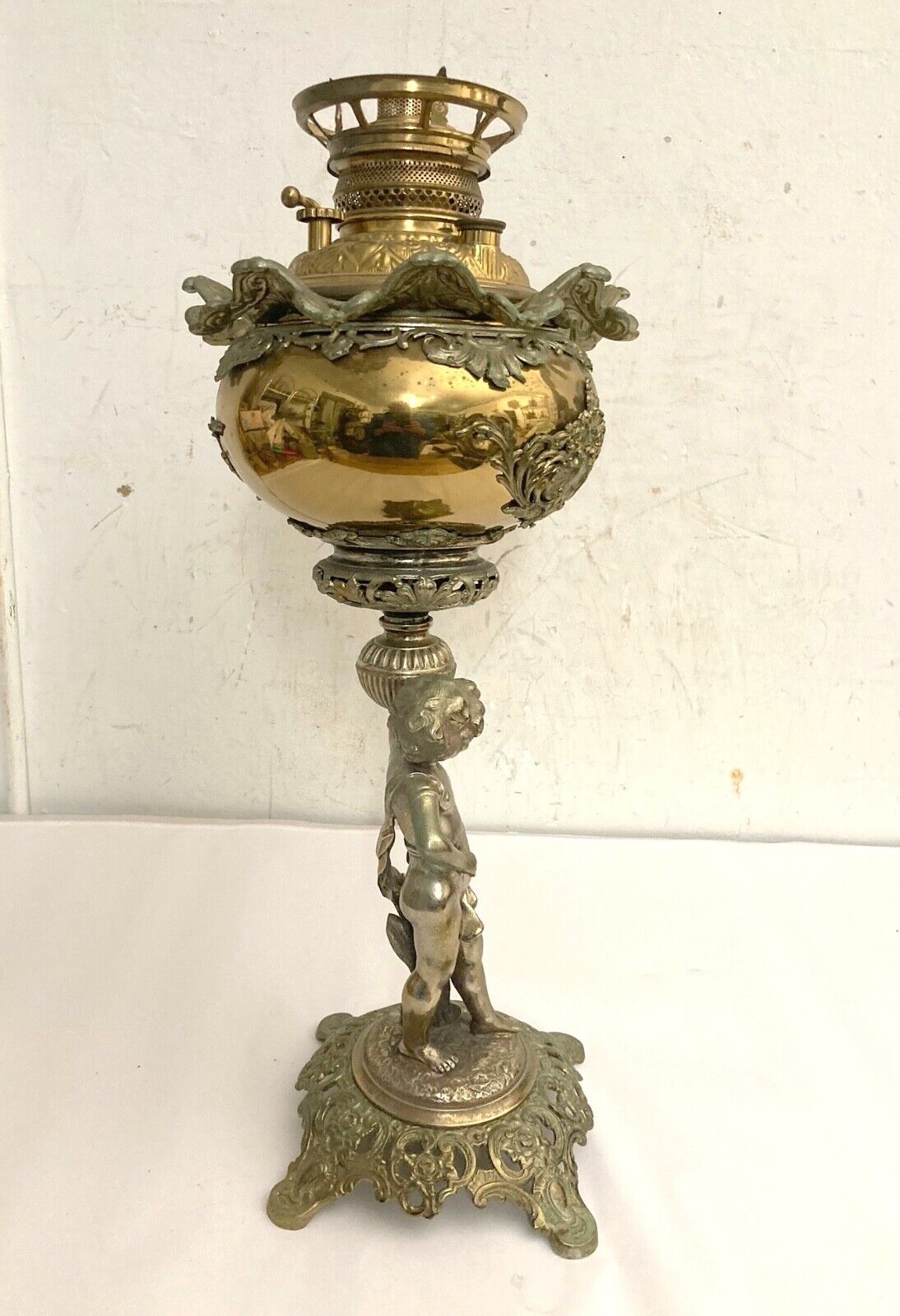 Antique 19th C. Oil Lamp Brass Bradley and Hubbard Figural