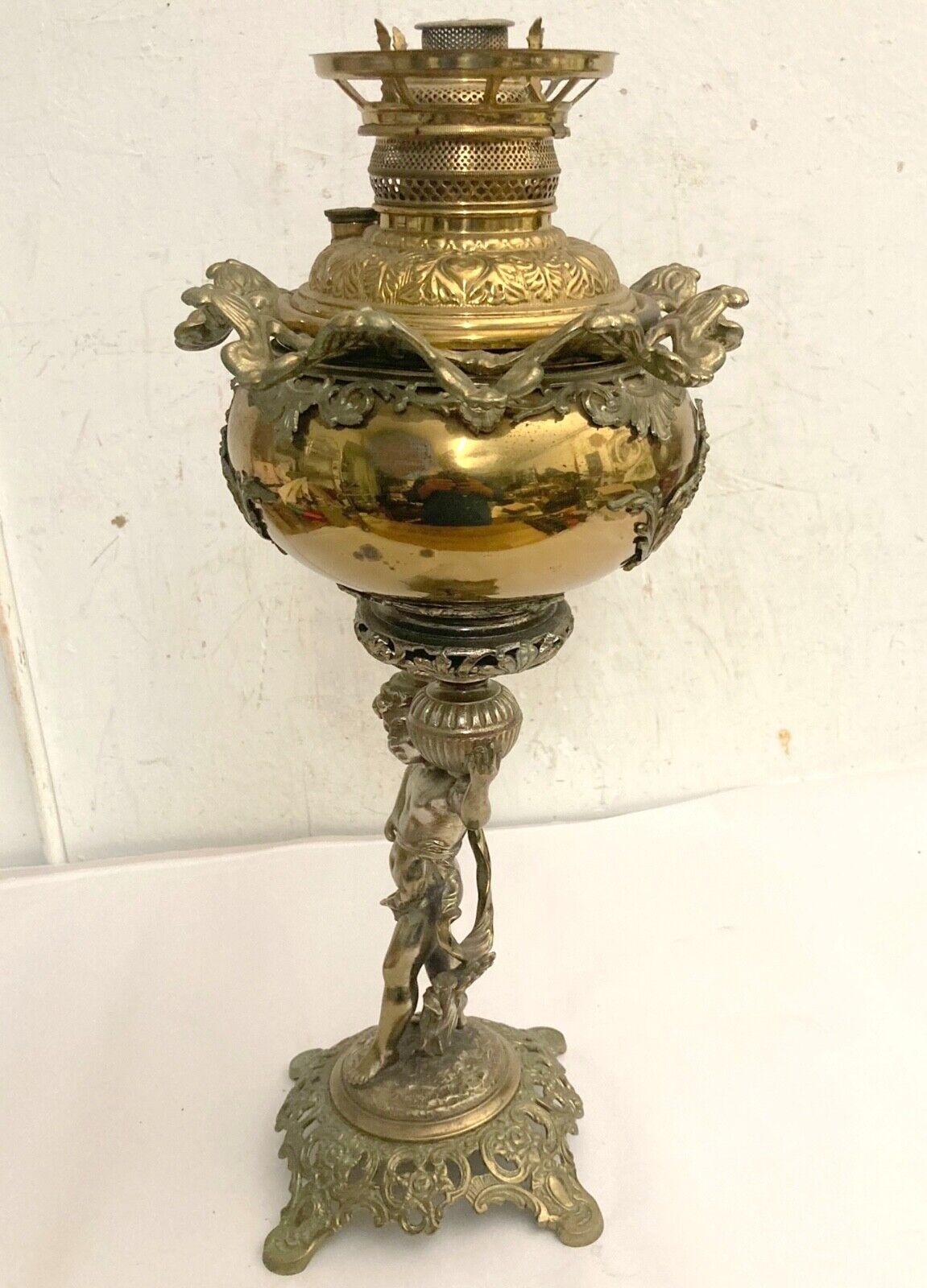 Antique 19th C. Oil Lamp Brass Bradley and Hubbard Figural