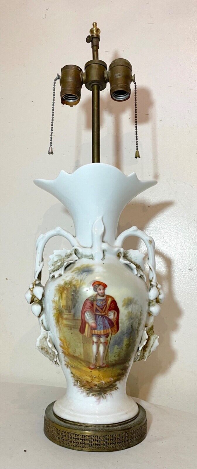 antique 1800's hand painted figural porcelain brass French electrified vase lamp