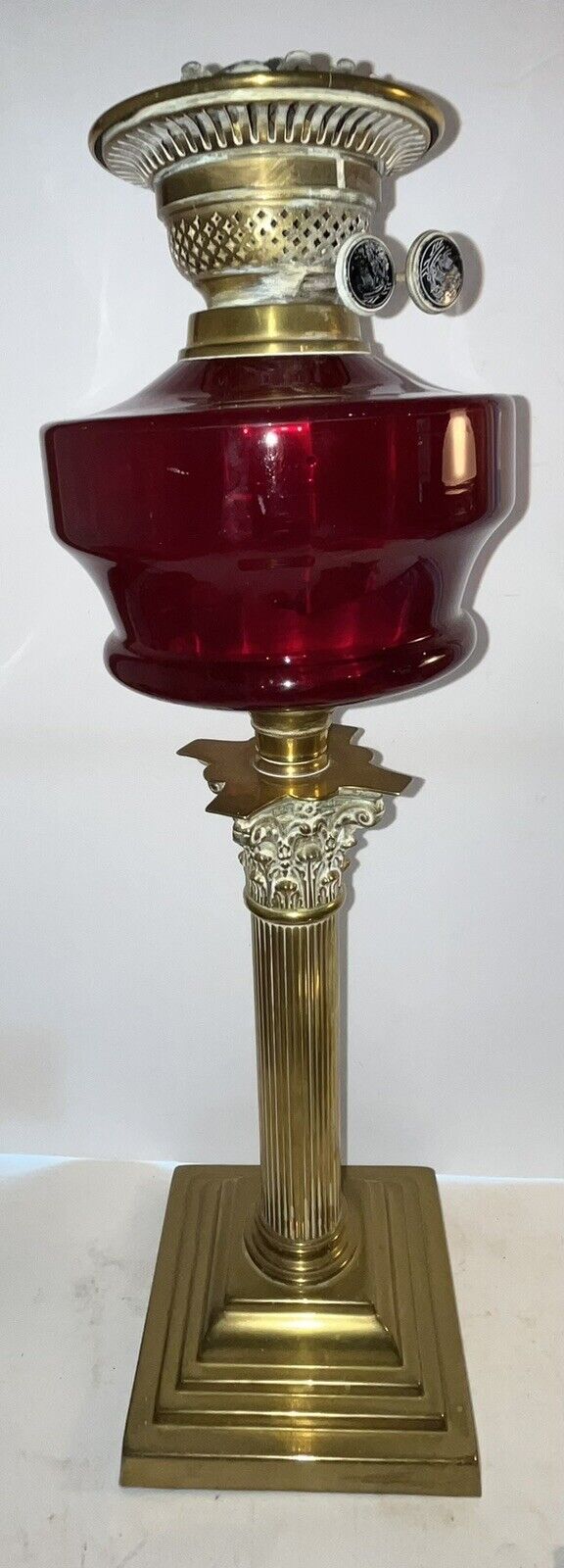 Huge Antique CRANBERRY English Banquet Oil Lamp Duplex Brass Corinthian Column