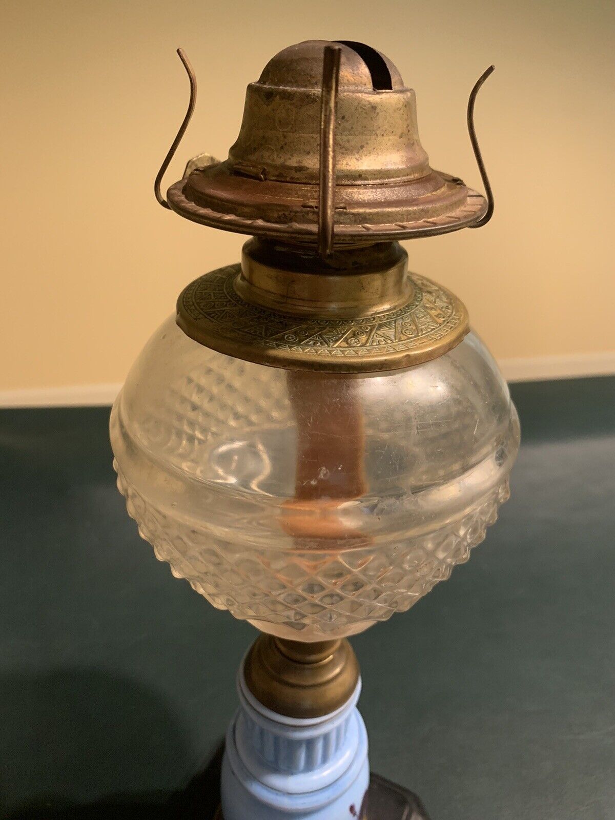 1800’s Sawtooth Oil Lamp-Hand painted 23” with chimney-Ready To Use-EUC