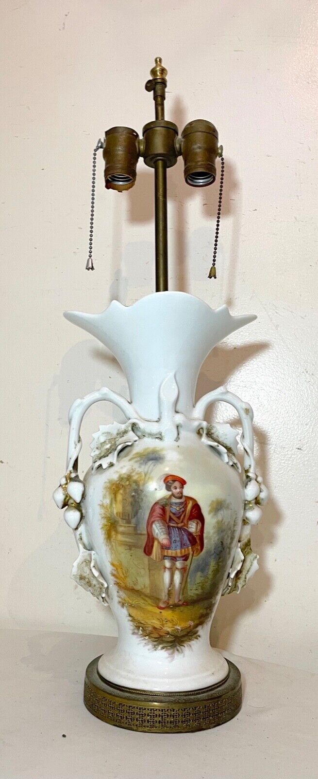 antique 1800's hand painted figural porcelain brass French electrified vase lamp
