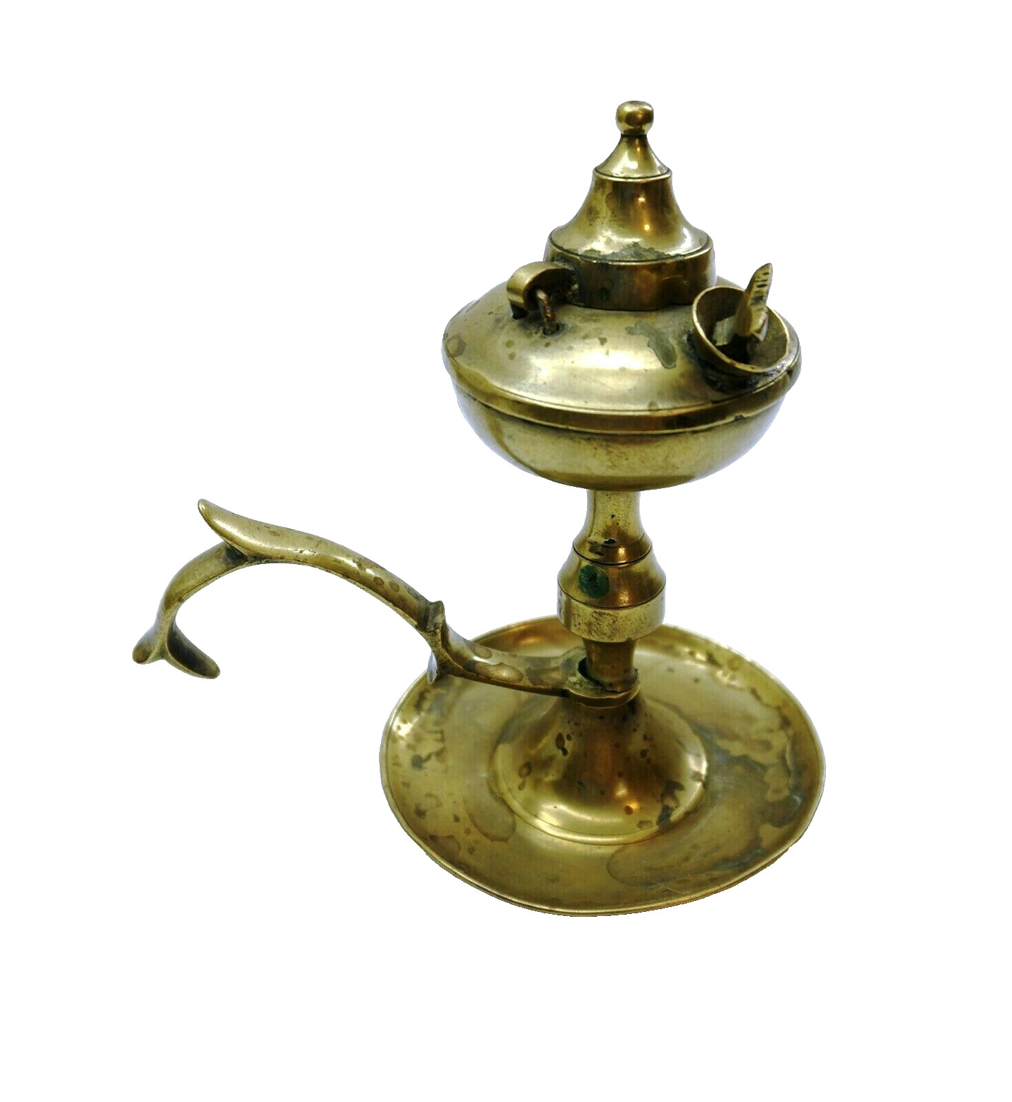 Antique 1800's Brass Whale Oil Finger Lamp with cover and screw out plug 6" tall