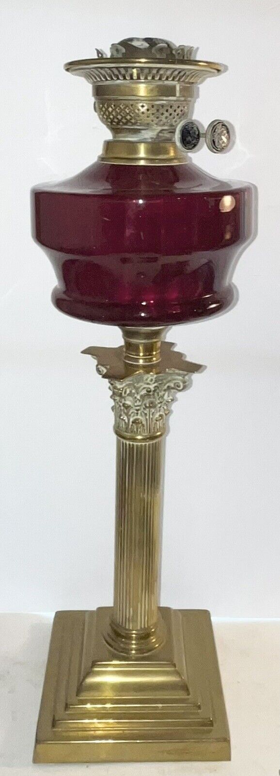 Huge Antique CRANBERRY English Banquet Oil Lamp Duplex Brass Corinthian Column