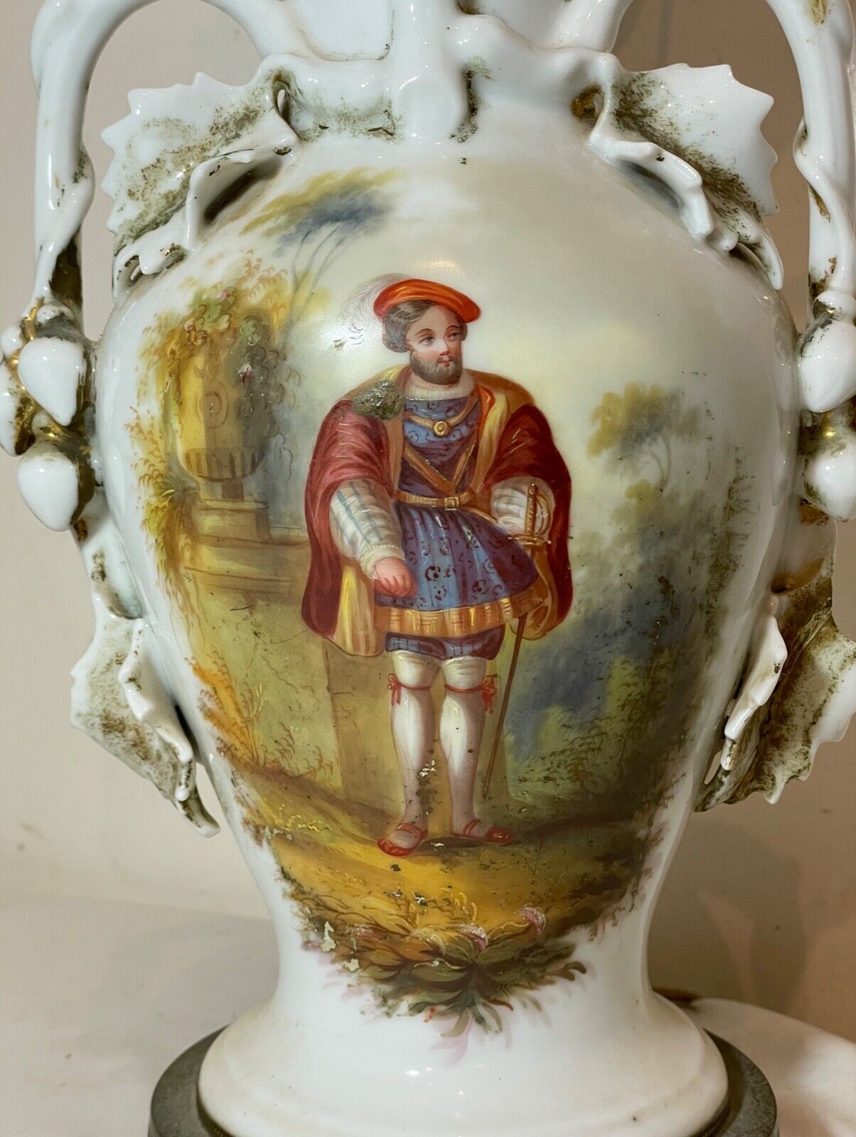 antique 1800's hand painted figural porcelain brass French electrified vase lamp