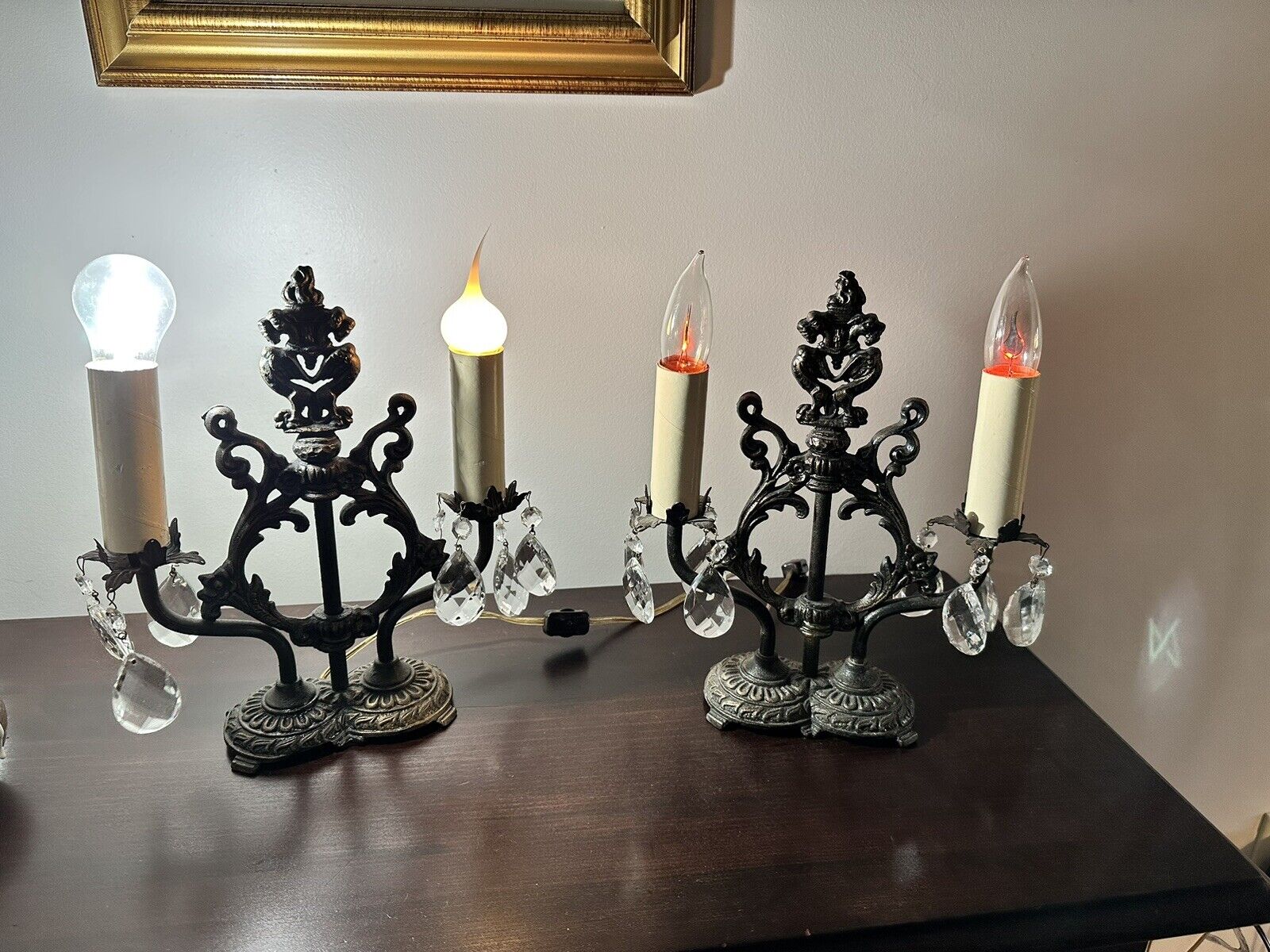 PAIR (2) Antique 1900s Art Nouveau Cast Iron Crescent Model 7069 Lamps Crystals