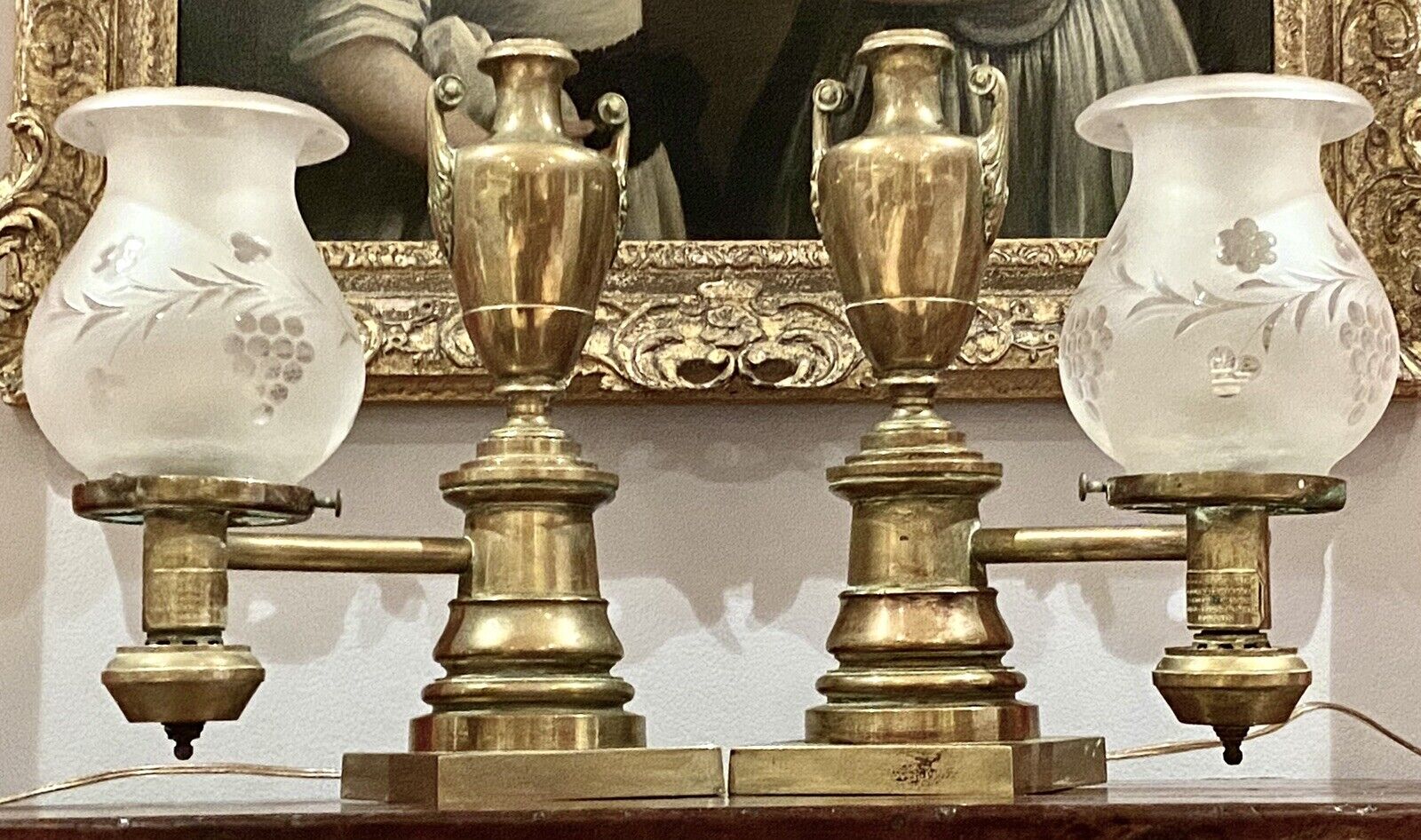 Pair Antique Argand Lamps Messenger & Sons Made For Jones, Lows Ball Boston