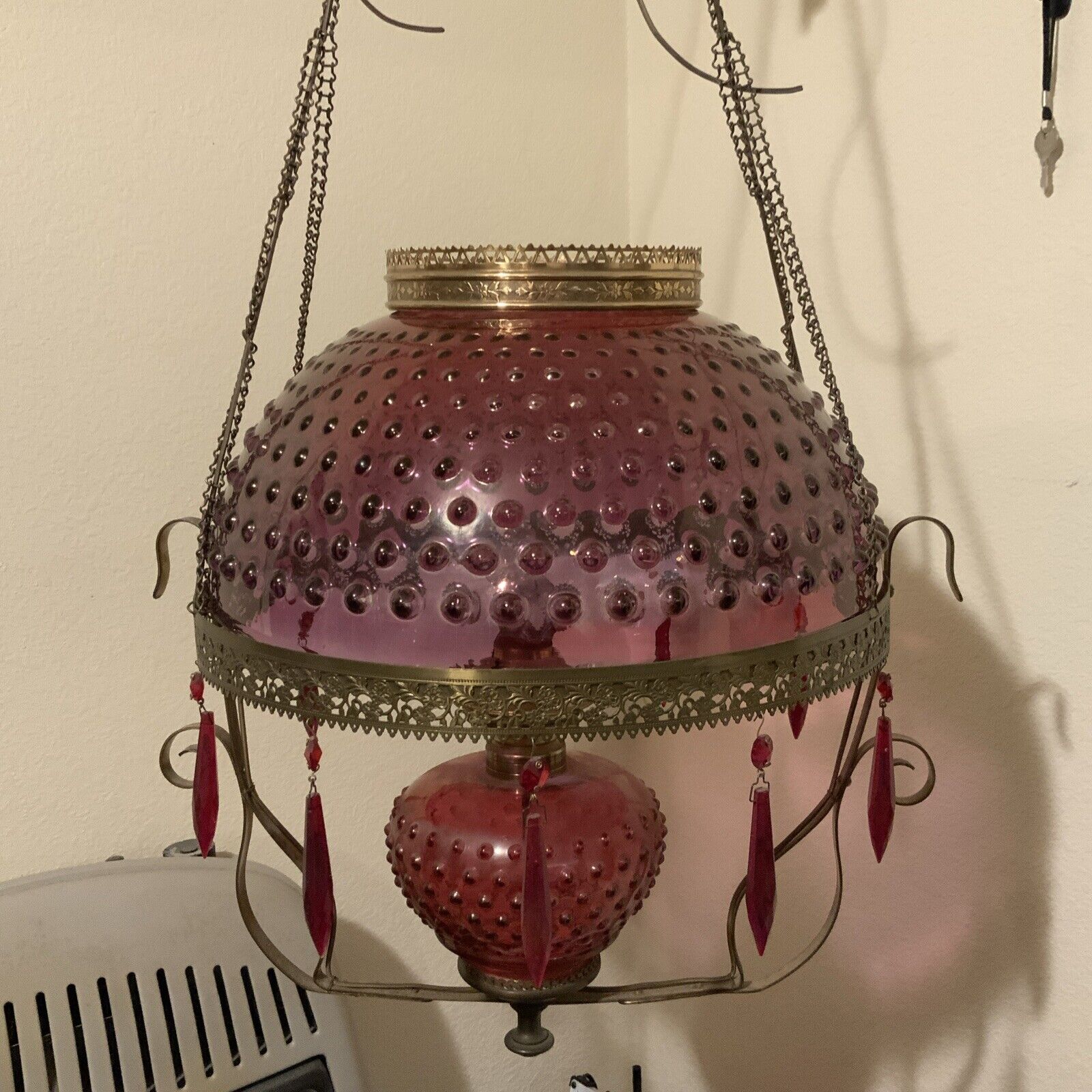 Vintage Antique Red Ruby Flash Hobnail Glass Hanging Oil Parlor Library Lamp