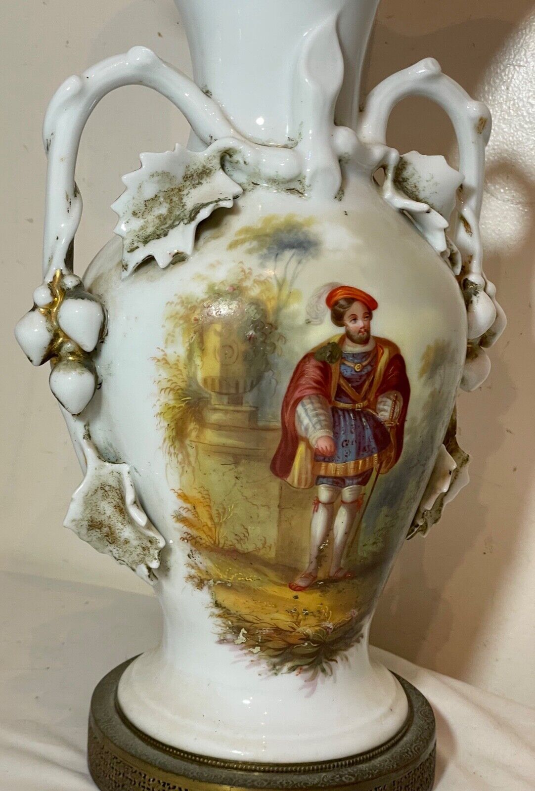 antique 1800's hand painted figural porcelain brass French electrified vase lamp